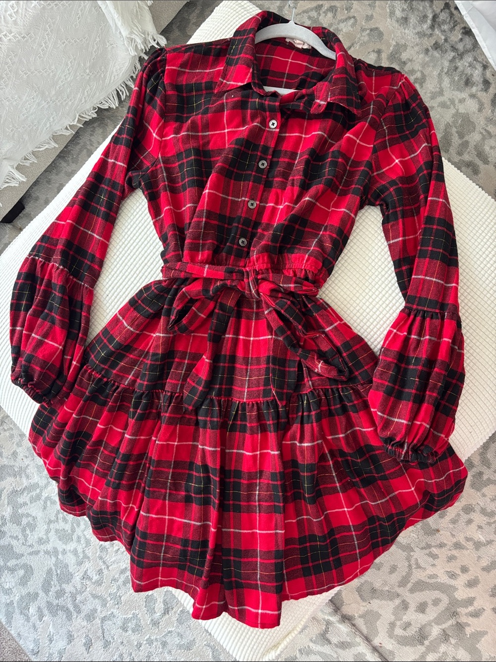New Red and black tint of gold plaid collared shirt dress size Large